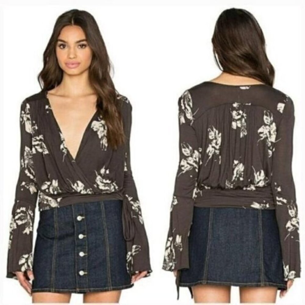 Free People Bell Sleeve Floral Wrap Top